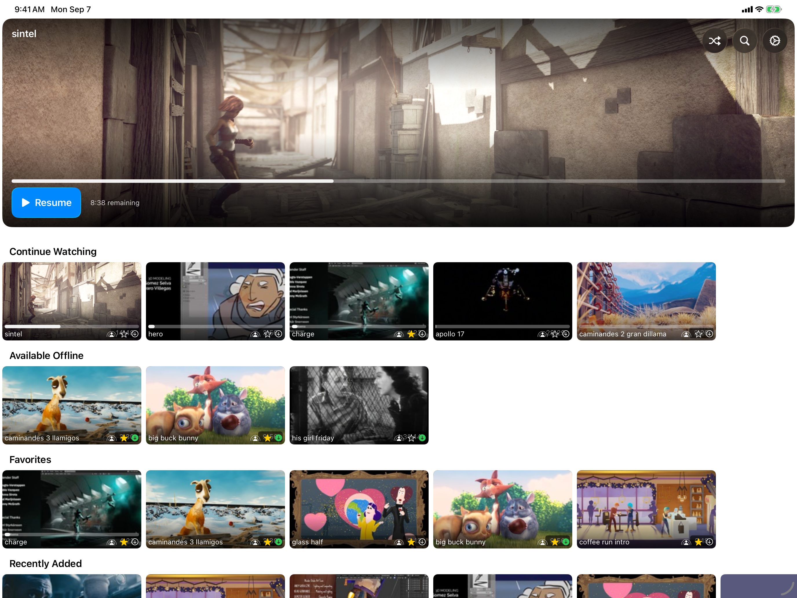 RandomPlayer browse view on iPad showing the hero carousel and smart rows